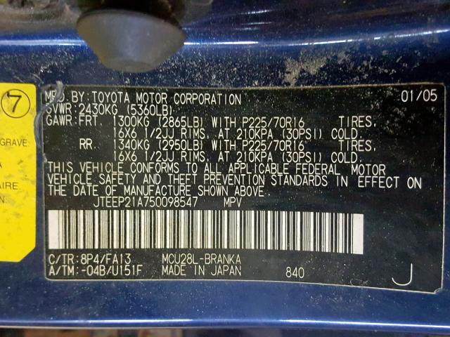 JTEEP21A750098547 - 2005 TOYOTA HIGHLANDER BLUE photo 10