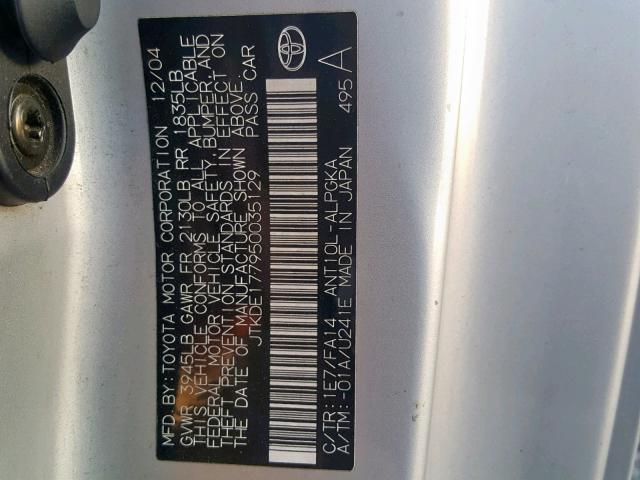 JTKDE177950035129 - 2005 TOYOTA SCION TC ვერცხლისფერი ფოტო 10