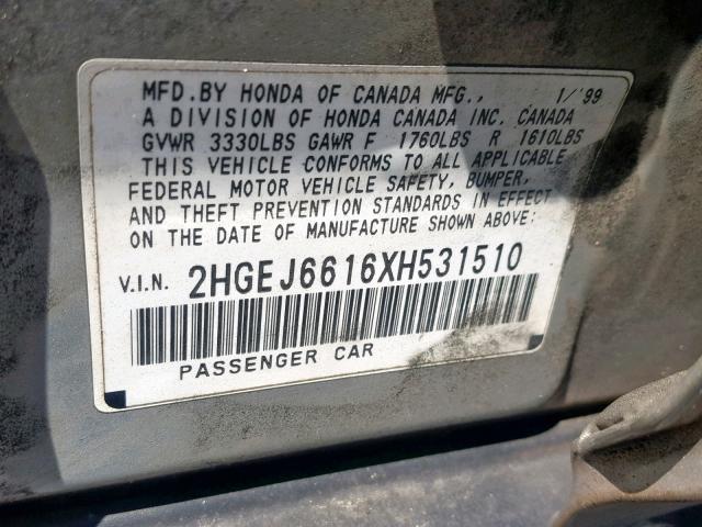 2HGEJ6616XH531510 - 1999 HONDA CIVIC BASE GRAY photo 10