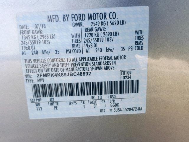 2FMPK4K89JBC48892 - 2018 FORD EDGE TITAN SILVER photo 10