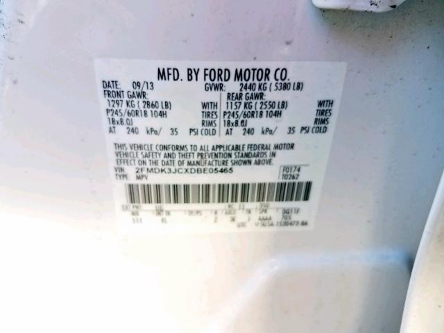 2FMDK3JCXDBE05465 - 2013 FORD EDGE SEL WHITE photo 10