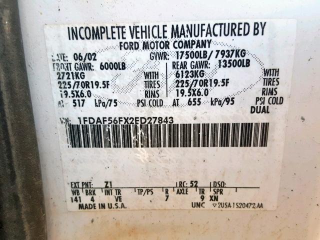 1FDAF56FX2ED27843 - 2002 FORD F550 SUPER WHITE photo 10