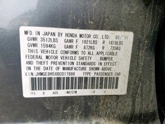 JHMGE8H5XBC017886 - 2011 HONDA FIT SPORT CHARCOAL photo 10