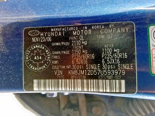 KM8JM12D57U593979 - 2007 HYUNDAI TUCSON GL BLUE photo 9