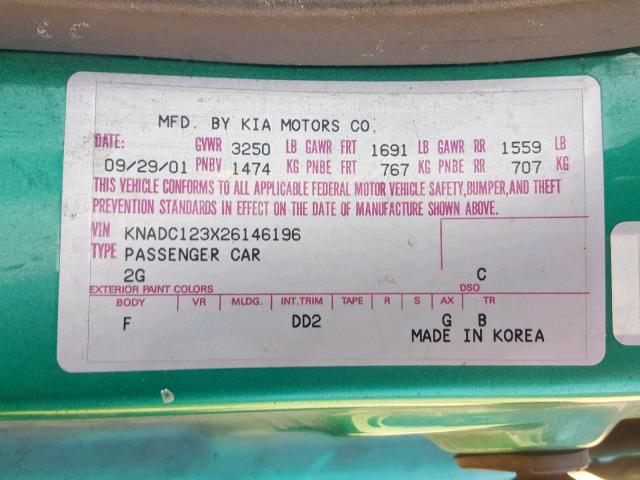 KNADC123X26146196 - 2002 KIA RIO GREEN photo 10