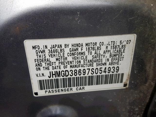 JHMGD38697S054939 - 2007 HONDA FIT S 银色 照片 10