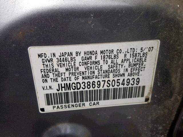 JHMGD38697S054939 - 2007 HONDA FIT S SILVER photo 10