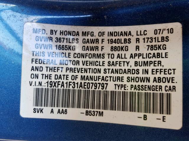 19XFA1F31AE079797 - 2010 HONDA CIVIC VP BLUE photo 10