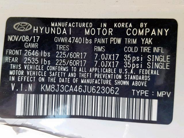 KM8J3CA46JU623062 - 2018 HYUNDAI TUCSON SEL WHITE photo 10