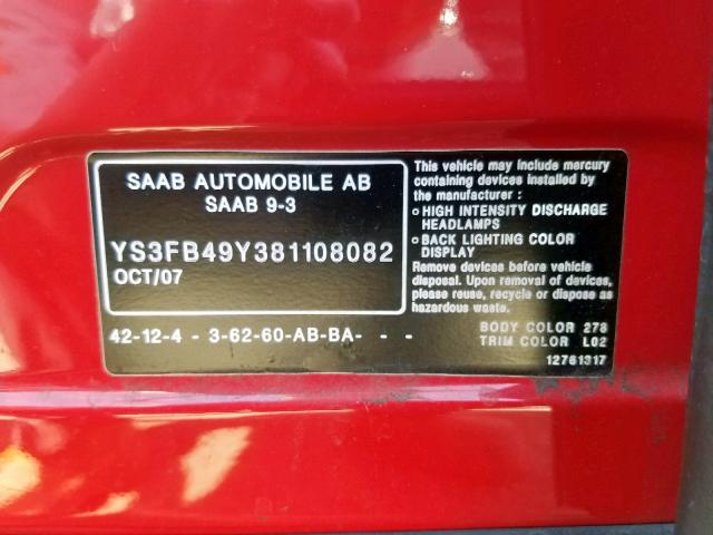 YS3FB49Y381108082 - 2008 SAAB 9-3 2.0T RED photo 10