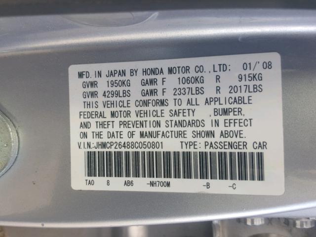 JHMCP26488C050801 - 2008 HONDA ACCORD LXP SILVER photo 10