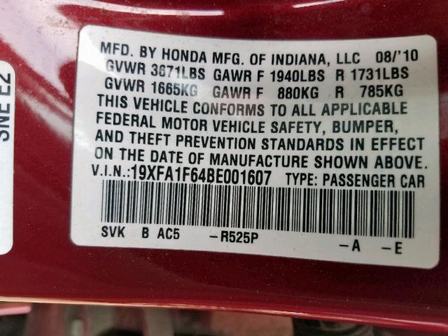 19XFA1F64BE001607 - 2011 HONDA CIVIC LX-S Qırmızı foto 10