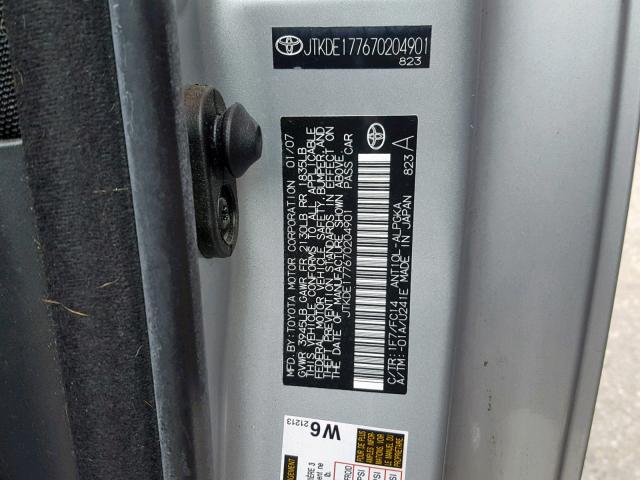 JTKDE177670204901 - 2007 TOYOTA SCION TC ვერცხლისფერი ფოტო 10