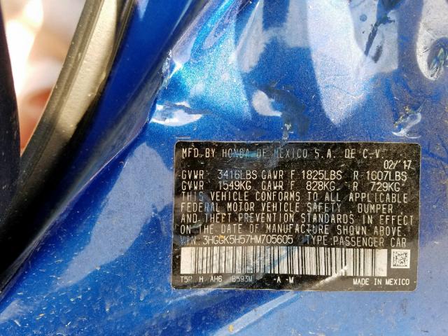 3HGGK5H57HM705605 - 2017 HONDA FIT LX BLUE photo 10