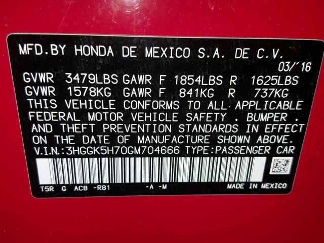 3HGGK5H70GM704666 - 2016 HONDA FIT EX RED photo 10