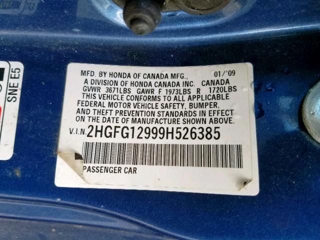 2HGFG12999H526385 - 2009 HONDA CIVIC EXL 蓝色 照片 10