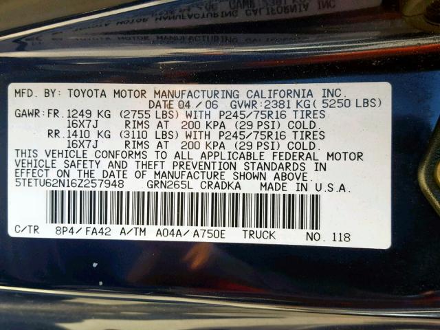 5TETU62N16Z257948 - 2006 TOYOTA TACOMA PRE BLUE photo 10