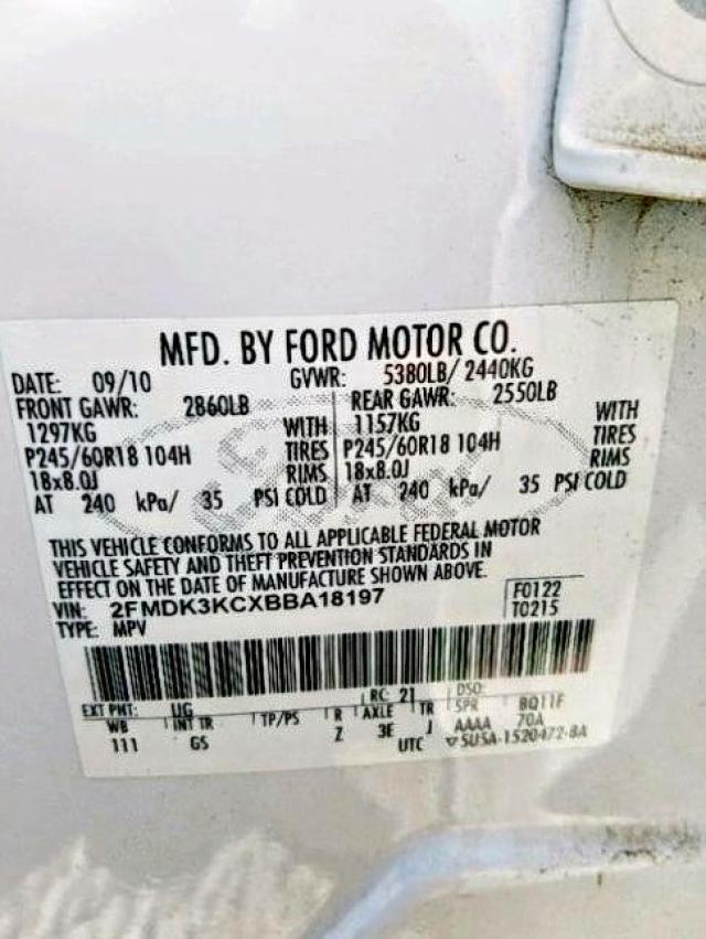 2FMDK3KCXBBA18197 - 2011 FORD EDGE LIMIT WHITE photo 10