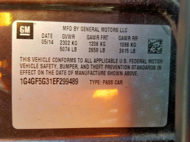 1G4GF5G31EF299489 - 2014 BUICK LACROSSE T MAROON photo 10