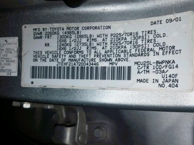 JTEHF21A720043446 - 2002 TOYOTA HIGHLANDER SILVER photo 10