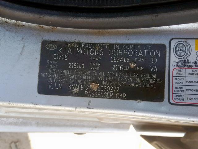 KNAFE121685020272 - 2008 KIA SPECTRA EX SILVER photo 10