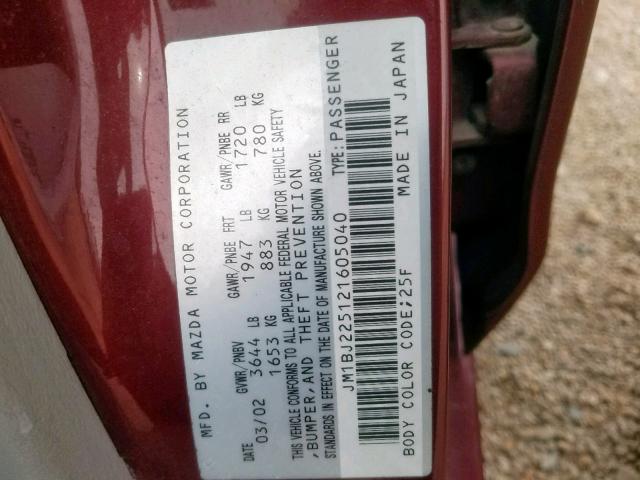 JM1BJ225121605040 - 2002 MAZDA PROTEGE DX BURGUNDY photo 10