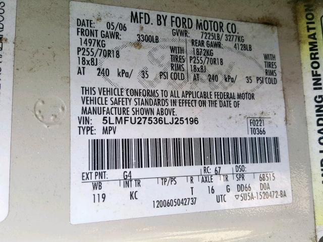 5LMFU27536LJ25196 - 2006 LINCOLN NAVIGATOR WHITE photo 10