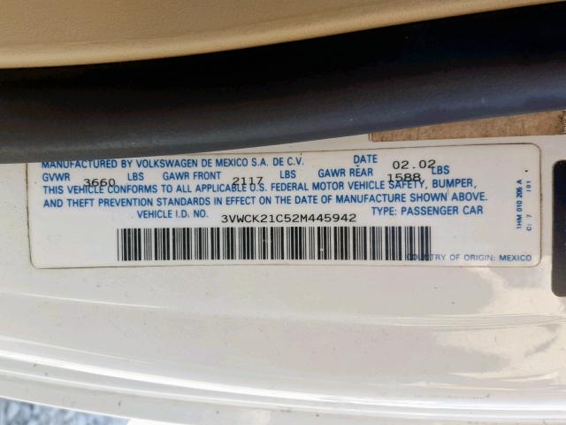 3VWCK21C52M445942 - 2002 VOLKSWAGEN NEW BEETLE 白色 照片 10