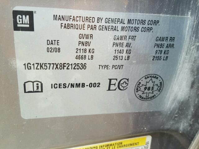 1G1ZK577X8F212536 - 2008 CHEVROLET MALIBU LTZ ბეჟი ფოტო 10