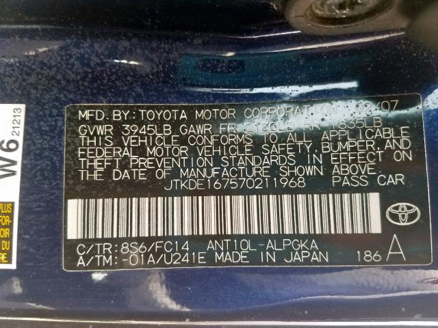 JTKDE167570211968 - 2007 TOYOTA SCION TC ლურჯი ფოტო 10