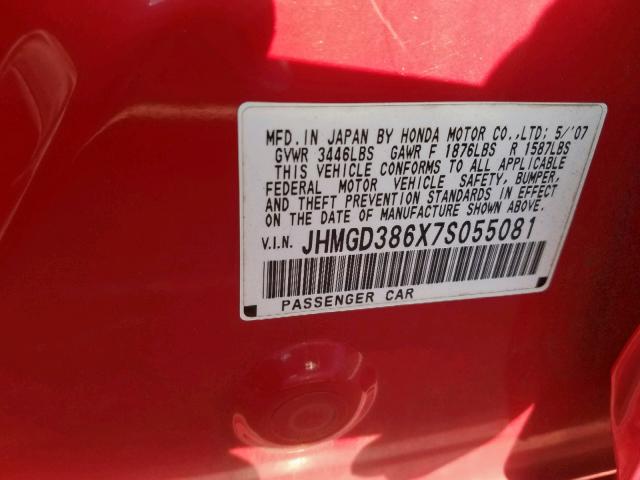 JHMGD386X7S055081 - 2007 HONDA FIT S RED photo 10