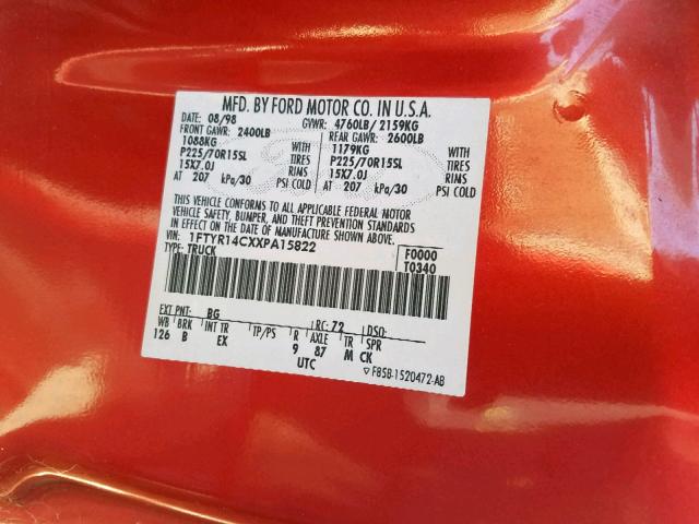 1FTYR14CXXPA15822 - 1999 FORD RANGER SUP RED photo 10