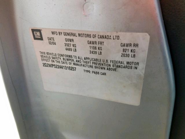 2G2WP522441316257 - 2004 PONTIAC GRAND PRIX SILVER photo 10