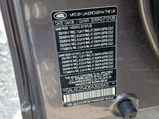 SALAE25406A392843 - 2006 LAND ROVER LR3 SE GRAY photo 10