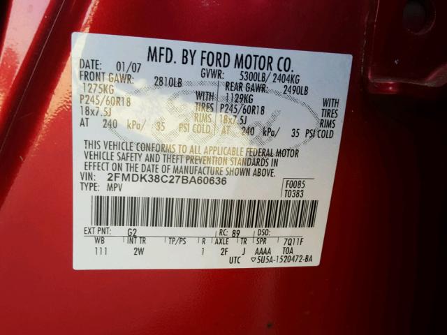 2FMDK38C27BA60636 - 2007 FORD EDGE SEL RED photo 10