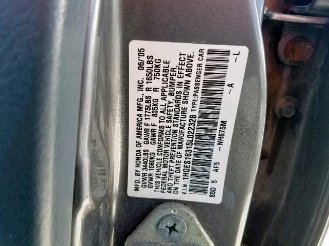 1HGES16315L022328 - 2005 HONDA CIVIC DX V GRAY photo 10