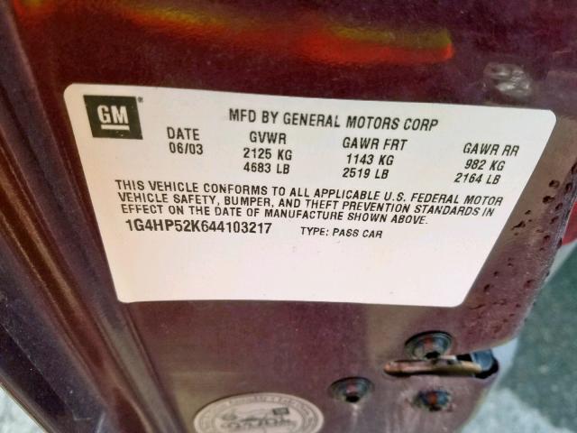 1G4HP52K644103217 - 2004 BUICK LESABRE CU MAROON photo 10