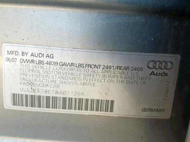 WAUEF78E78A011254 - 2008 AUDI A4 S-LINE SILVER photo 10