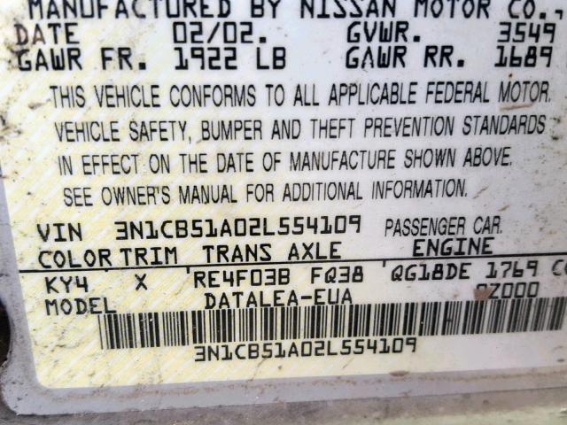 3N1CB51A02L554109 - 2002 NISSAN SENTRA GXE SILVER photo 10