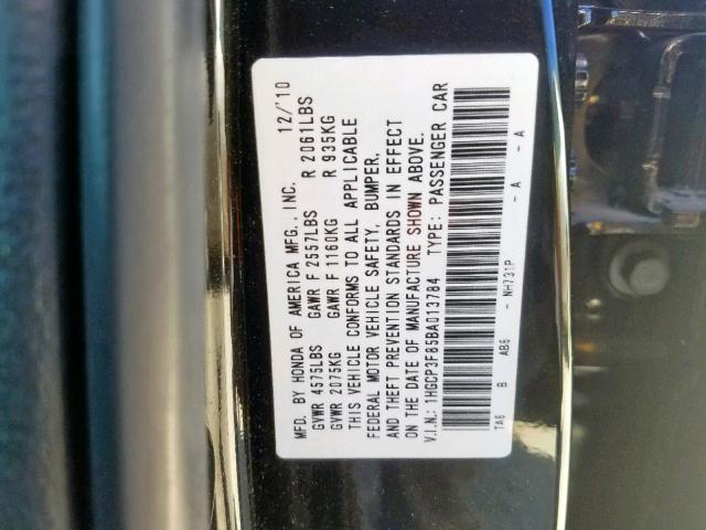 1HGCP3F85BA013784 - 2011 HONDA ACCORD EXL BLACK photo 10