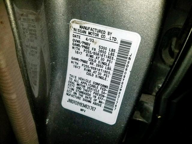 JN8DR09Y83W831767 - 2003 NISSAN PATHFINDER ნაცრისფერი ფოტო 10