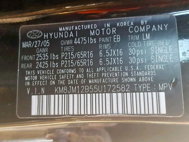 KM8JM12B55U172582 - 2005 HYUNDAI TUCSON GL BLACK photo 10