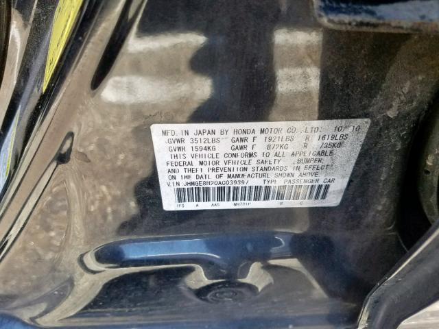 JHMGE8H20AC039397 - 2010 HONDA FIT BLACK photo 10