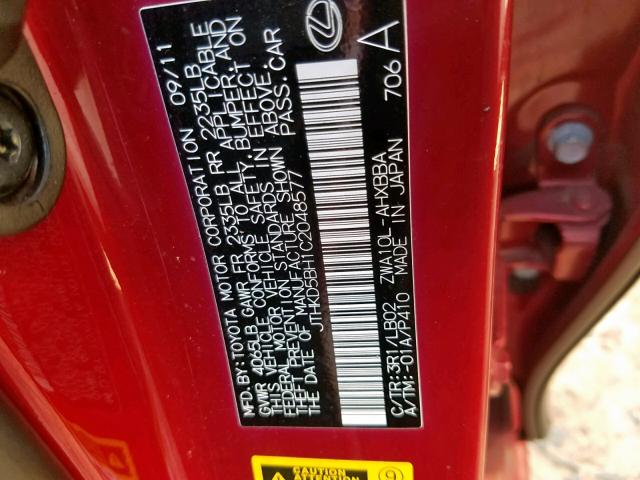 JTHKD5BH1C2048577 - 2012 LEXUS CT 200 RED photo 10