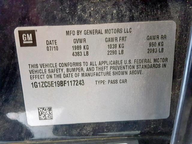 1G1ZC5E19BF117243 - 2011 CHEVROLET MALIBU 1LT 蓝色 照片 10