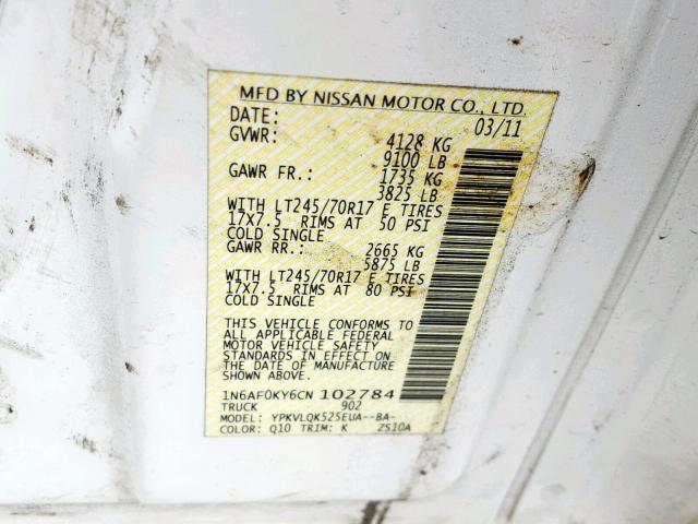 1N6AF0KY6CN102784 - 2012 NISSAN NV 2500 WHITE photo 10