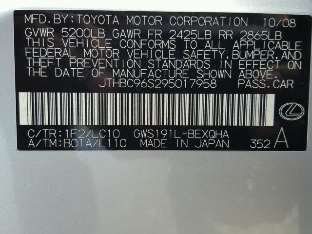 JTHBC96S295017958 - 2009 LEXUS GS 450H SILVER photo 10