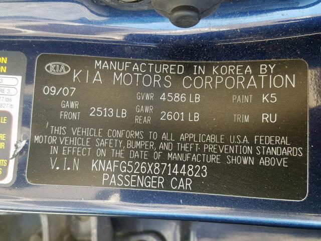 KNAFG526X87144823 - 2008 KIA RONDO LX BLUE photo 10