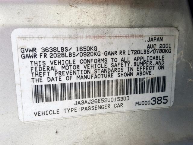 JA3AJ26E52U015300 - 2002 MITSUBISHI LANCER ES GRAY photo 10