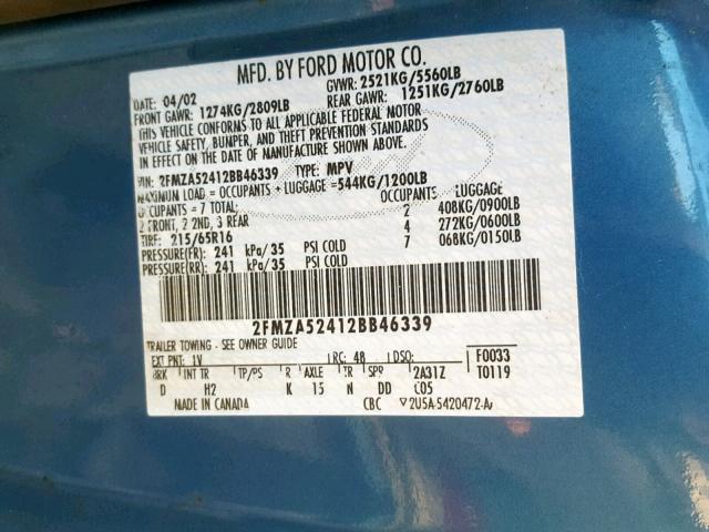 2FMZA52412BB46339 - 2002 FORD WINDSTAR S BLUE photo 10